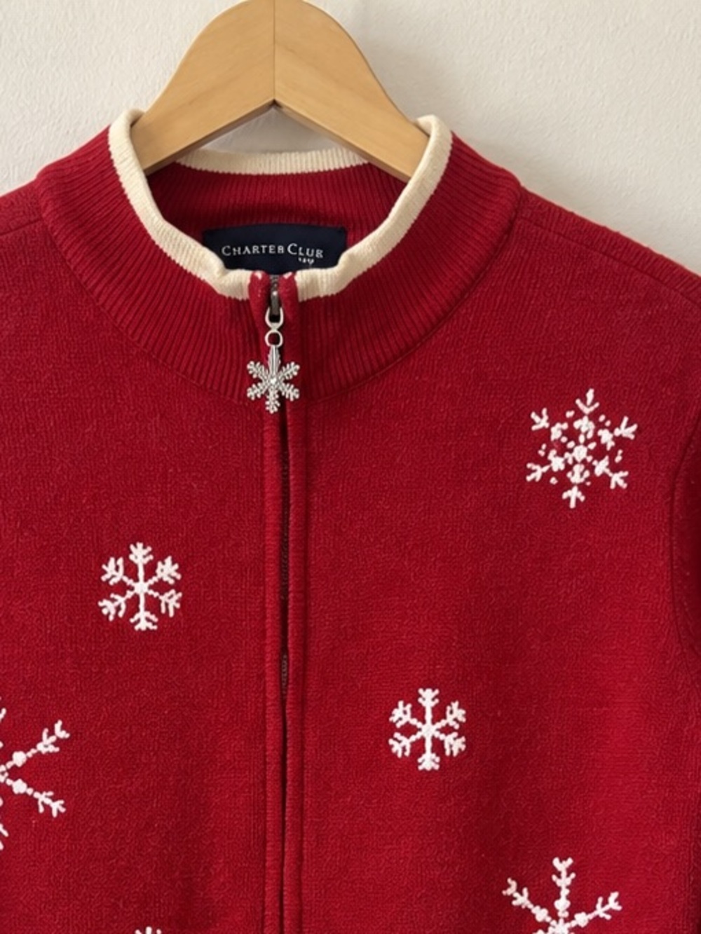 Charter Club Women’s M Red Wool Cardigan Sweater Embroidered Bead Holiday Winter - Picture 4 of 7